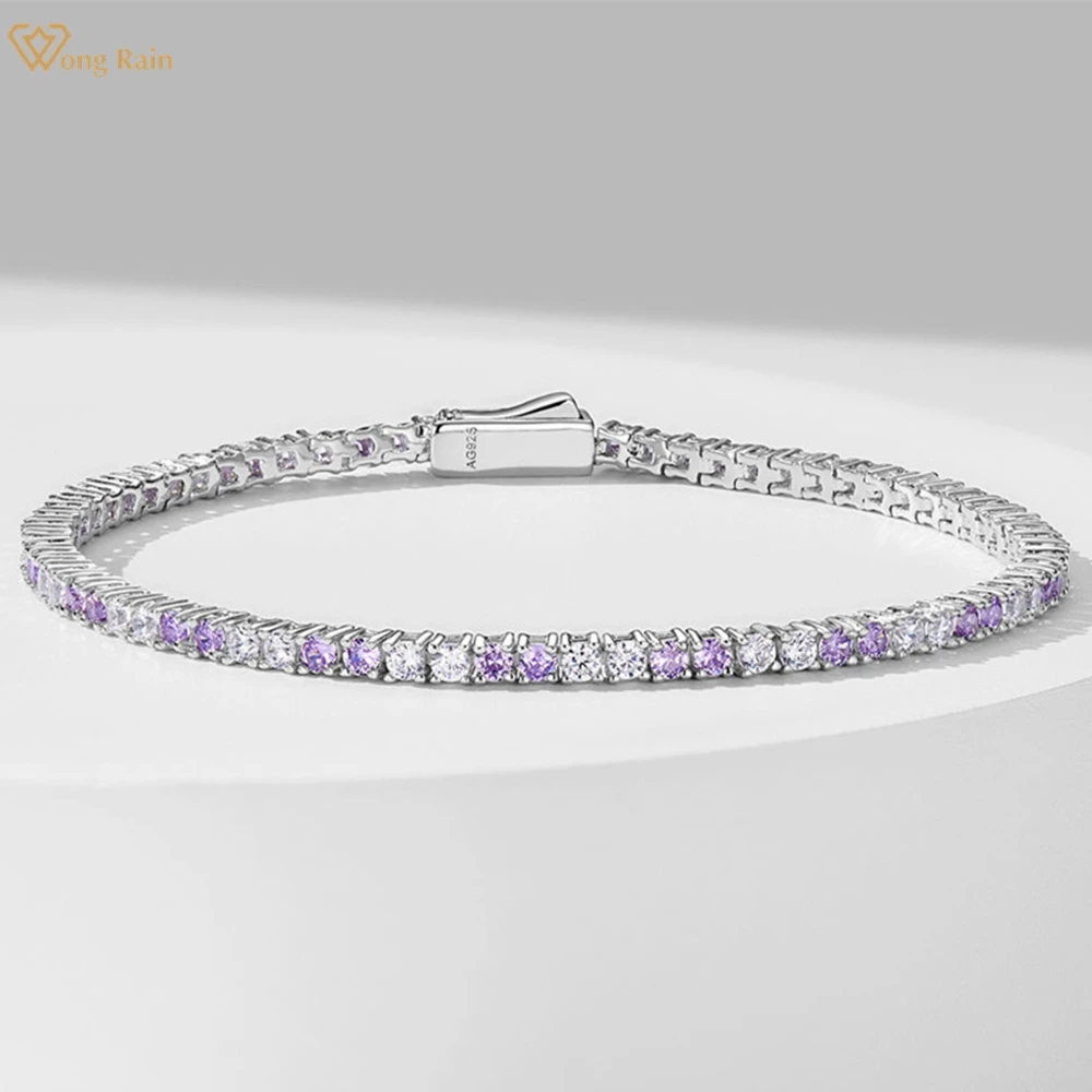 

Wong Rain Solid 925 Sterling Silver Amethyst Lab Sapphire Gemstone 3MM Tennis Chain Bracelets Bangle Fine Jewelry Gift Wholesale