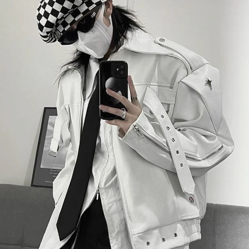 

American Retro High Street Men's White Leather Jacket Spring Fall Streetwear Brand Short Biker Jacket​
