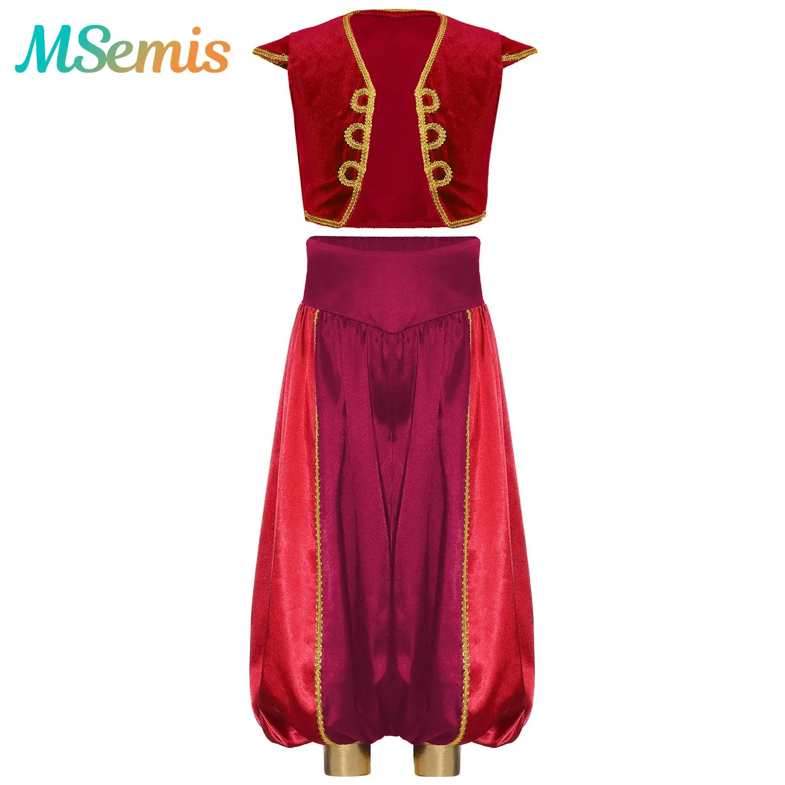 

Boys Arabian Prince Fairy Tale Cosplay Costume Set Trimming Vest Waistcoat And Pants Mythical Character Halloween Outfits
