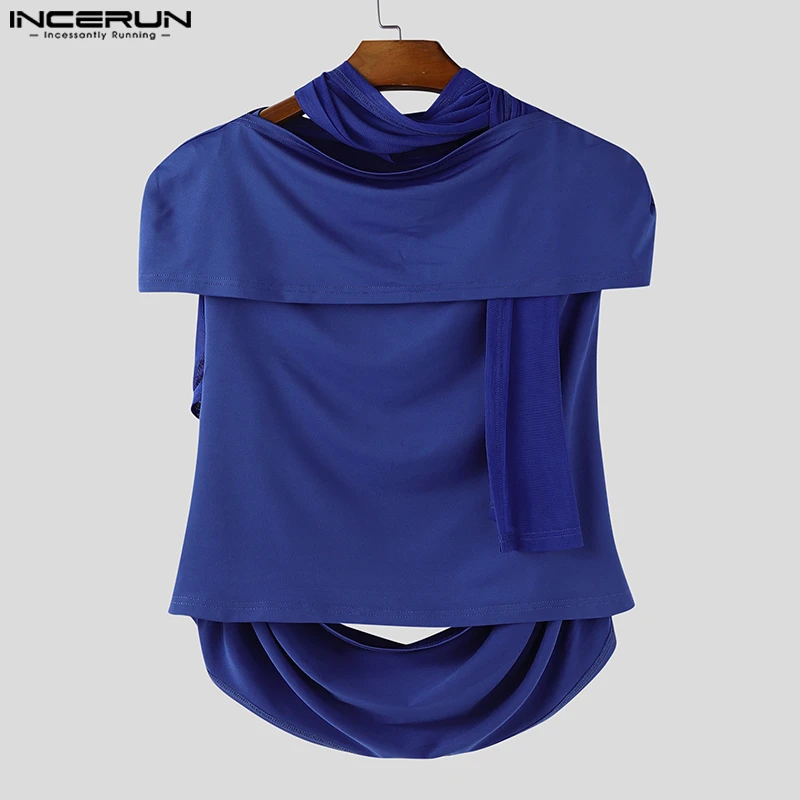 INCERUN الرجال تي شيرت شبكة المرقعة قصيرة الأكمام عادية غير النظامية المحملة القمم انظر من خلال الجوف خارج الشارع الشهير مثير الرجال الملابس