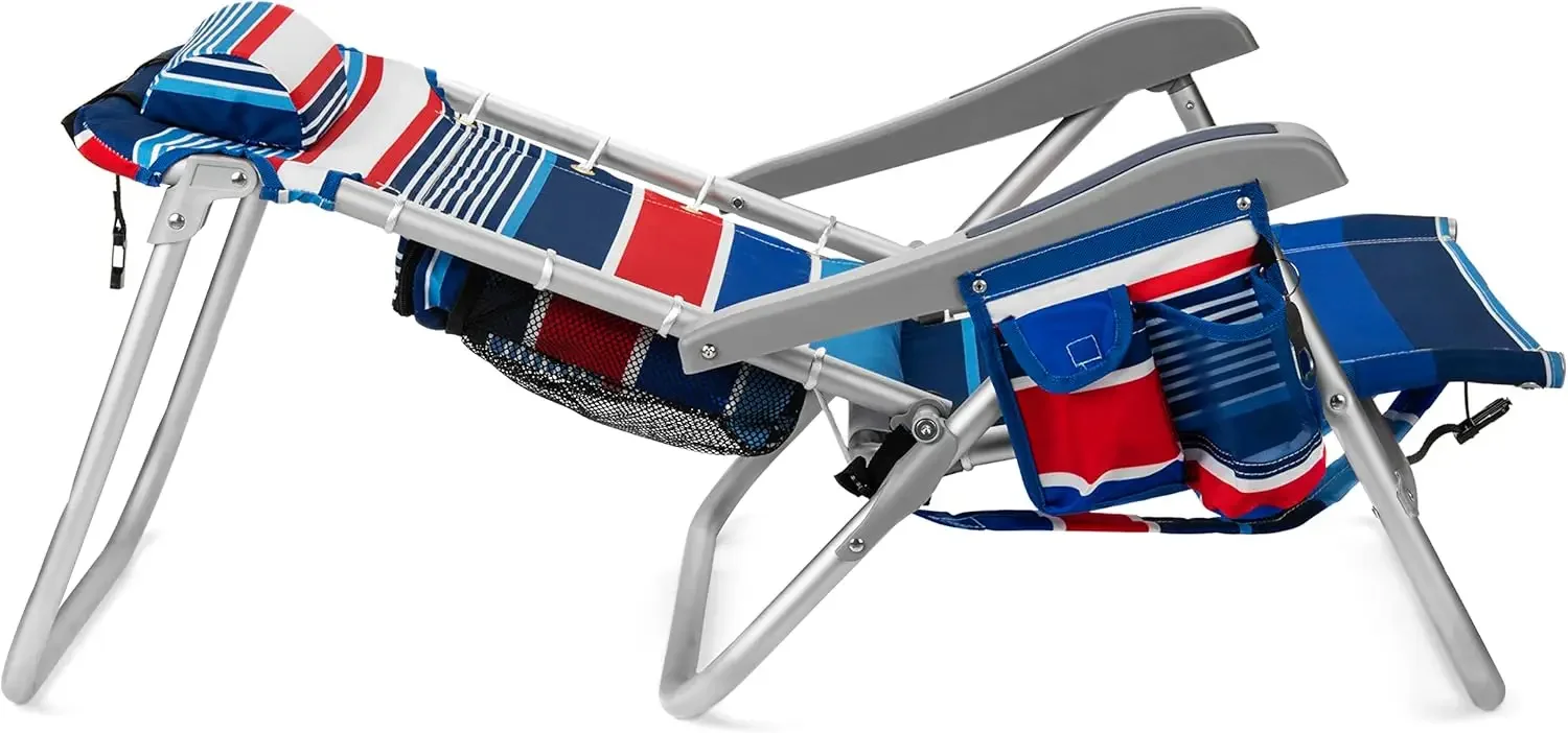 

Высококачественный складной пляжный стул с 5-позиционным рюкзаком, вешалка для полотенец, сумка-холодильник XL, сеткой для хранения, подстаканником и держателем для телефона