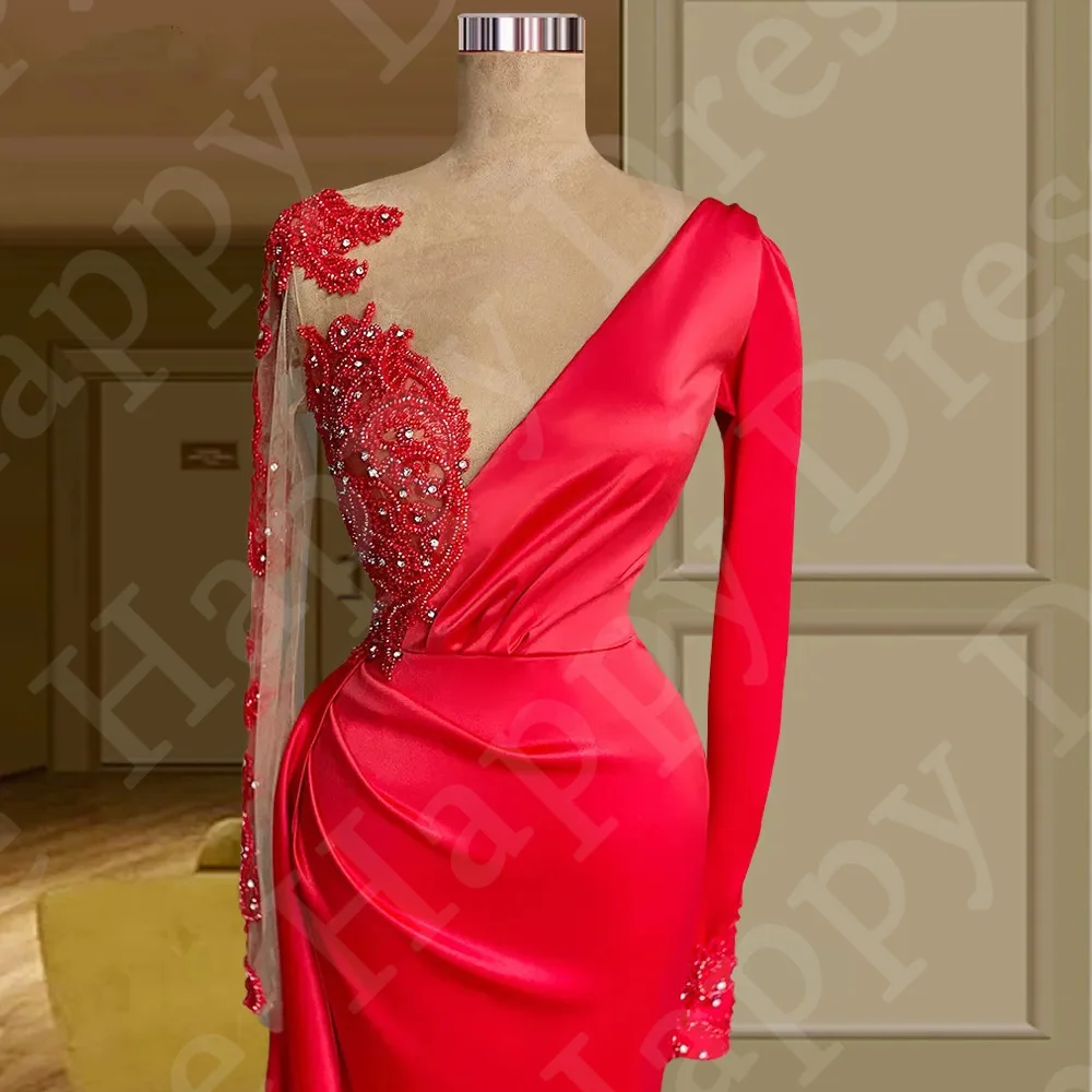 Red V-Neck Formal Dress Asymmetric Long Sleeves Beads Lace Satin Front Split Pleats Evening Dress Reception Dress Robe de soirée