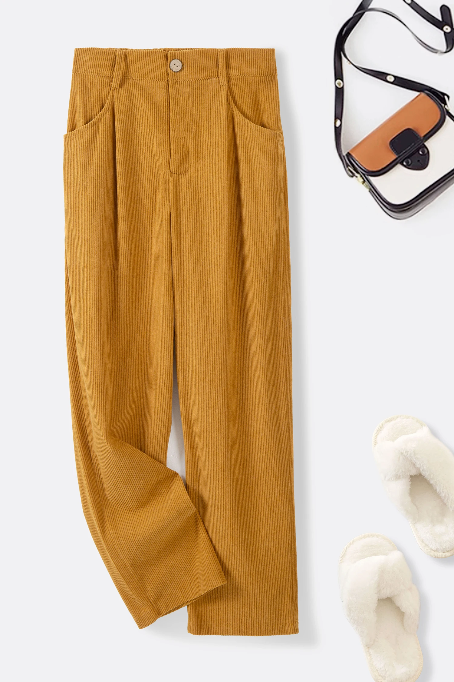 กางเกงขายาวทรงตรงเอวสูงผ้าลูกฟูกสไตล์เรโทรสำหรับผู้หญิง ฤดูใบไม้ผลิ ฤดูใบไม้ร่วง แฟชั่นเกาหลี ทรงหลวม สวมใส่ได้กับทุกชุด สีดำ