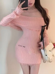 Pink Sexy Kawaii Sweater Dress Women Off Shoulder Sweet Y2K Slim Mini Dress Female Korean Style Casual Knitted Cute Dress 2024