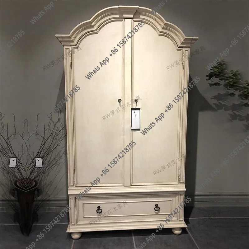 French solid wood wardrobe double-door wardrobe two-door American country retro white old oak furniture customization