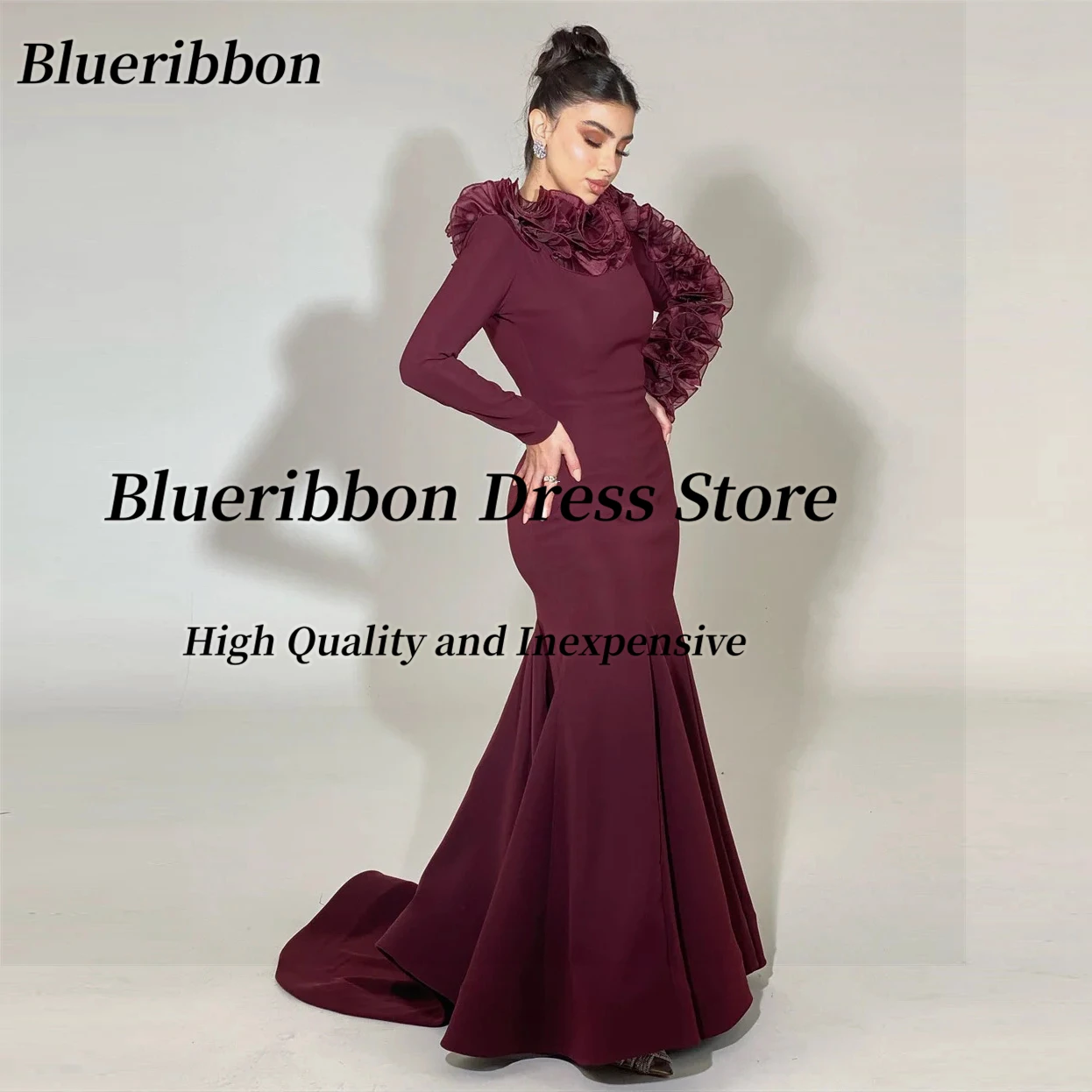 

Blueribbon Customized Saudi Formal Dresses for Special Occasion Ruffles Long Sleeves Prom Evening Party Dress