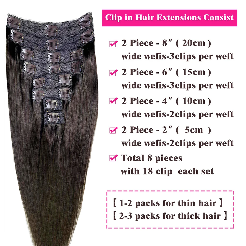 Extensiones de cabello humano liso para mujer, pelo virgen brasileño con Clip, n. ° 2, 8/piezas, con 18Clips, 100% g, 120