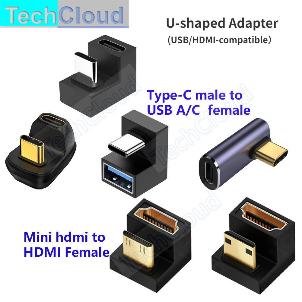 360 Degree U-shaped Mini HDMI Adapter.U-shaped USB3.2 Type-c Adapter USB Male to Female Extension Converter HD 2.1V 8K 60Hz