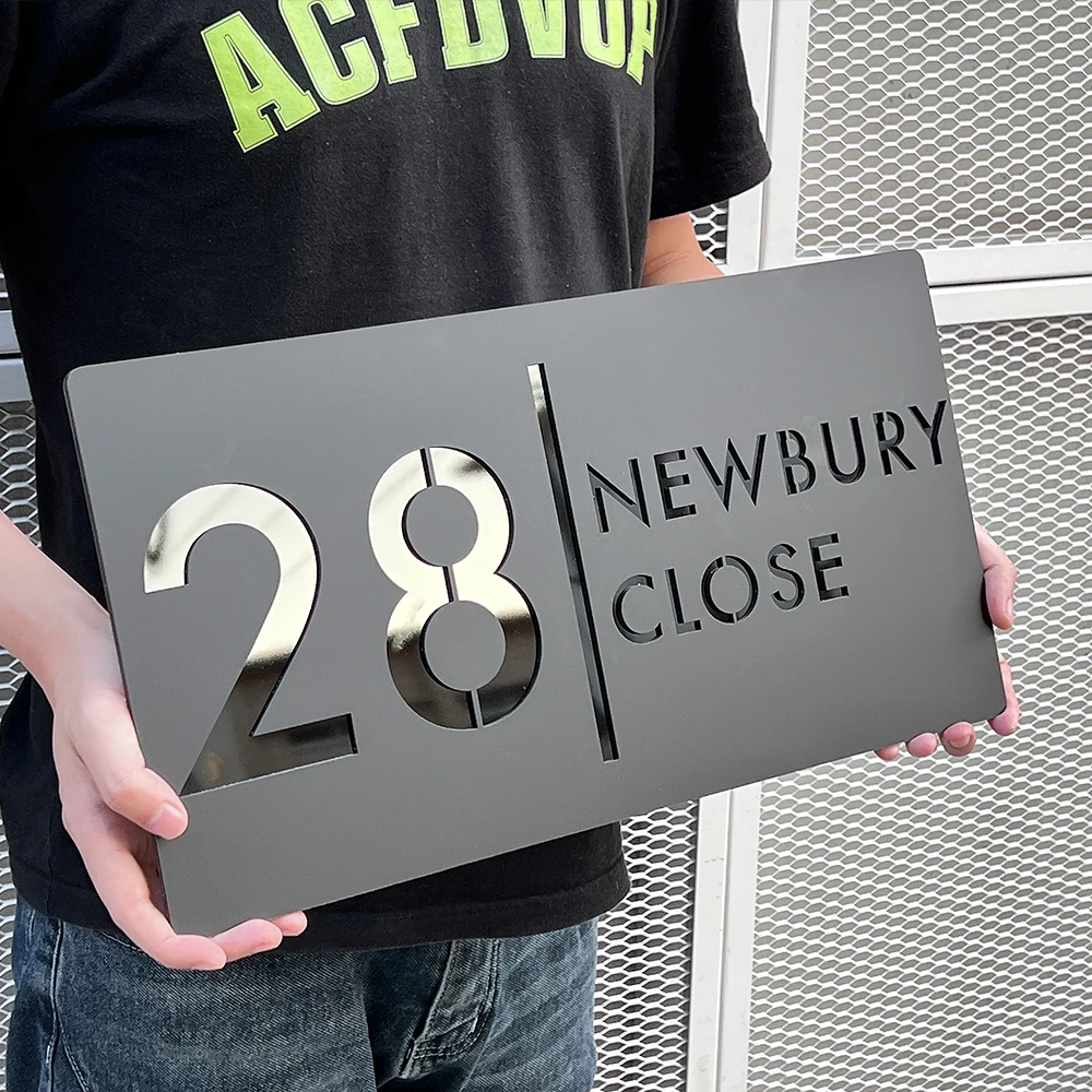 Personalizowane, laserowo cięte, akrylowe, nowoczesne, trójwymiarowe, pływające numery domowe 28/40/45 cm, zewnętrzne, wodoodporne tabliczki z nazwą ulicy, matowe czarne/białe.