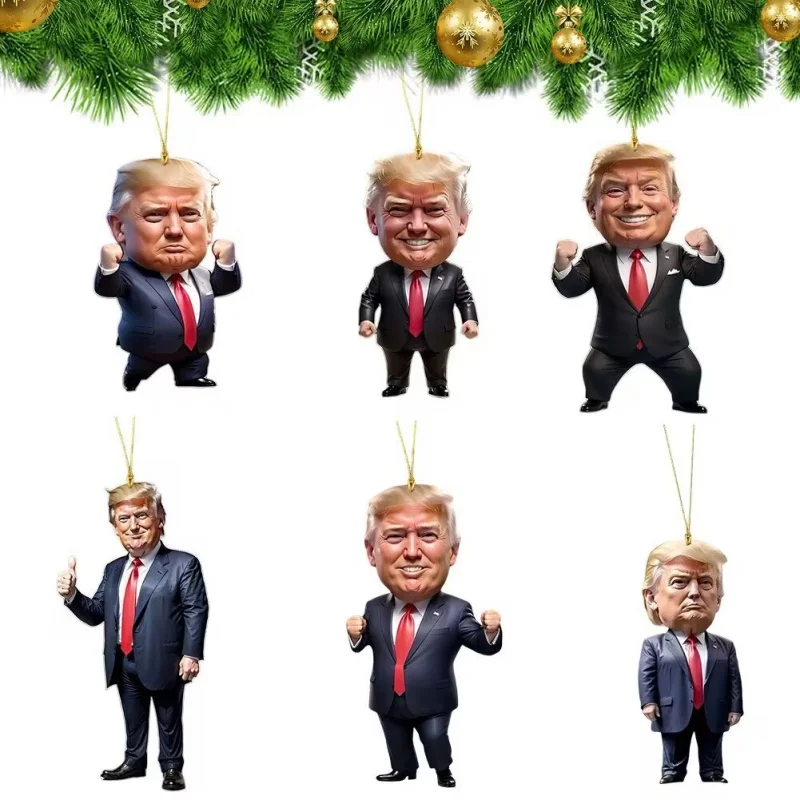 2DFunny Trump-Inspired Acrylic Flat Christmas Decor Hanging Ornament for Car and Tree Perfect Holiday Gift Funny Cartoon Pendant