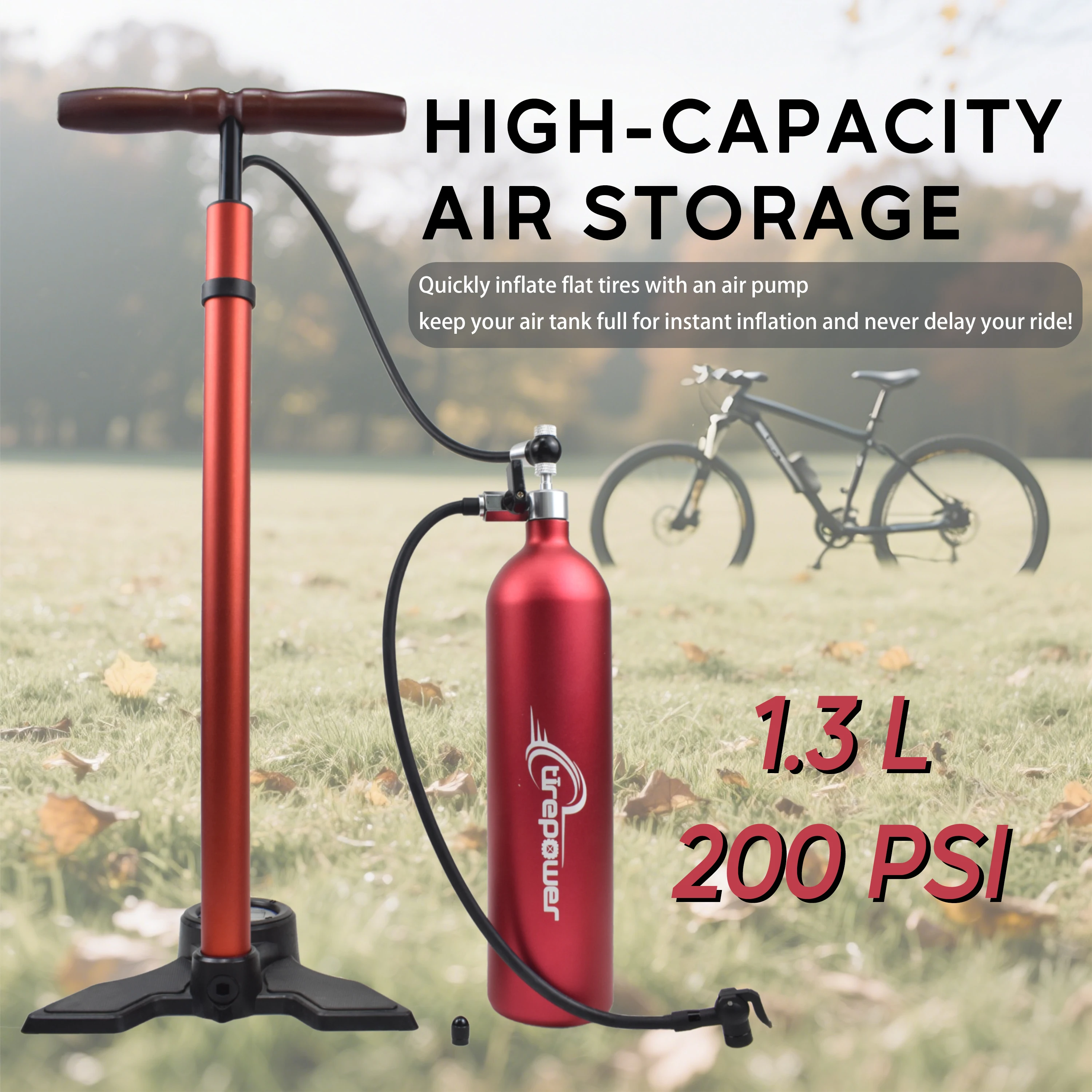 Aluminum Alloy Red Tubeless Pump Tire Inflator Tyre Air Booster Bottle With Valve Gas Cylinder 1.3L Fit For MTB Road Bike - Image 5
