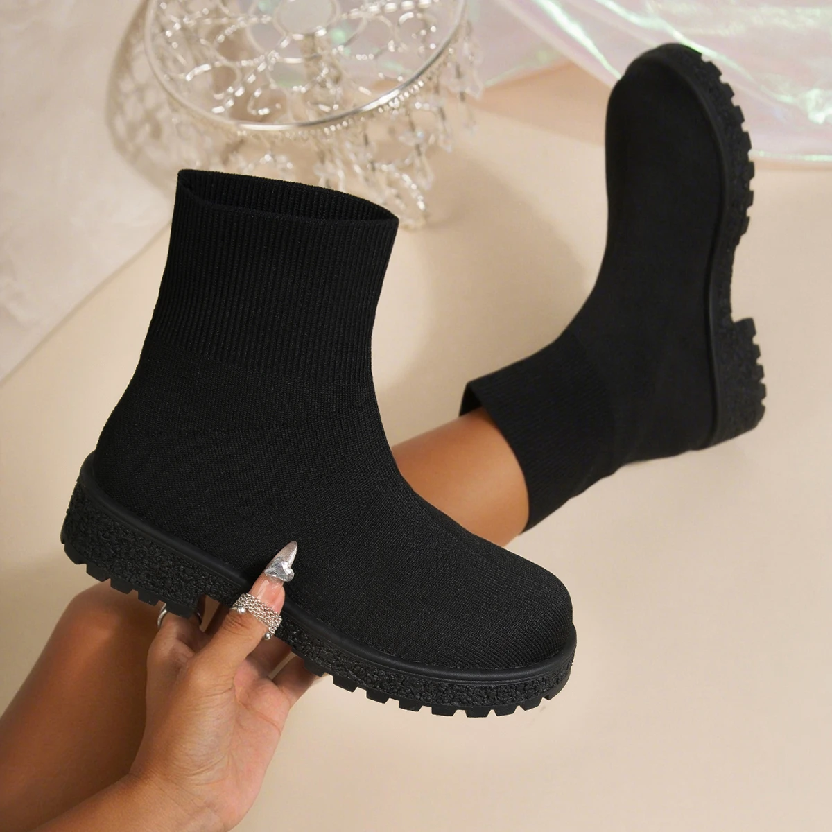 Mesh-Damen-Stiefeletten, modische Sockenstiefel, bequeme, atmungsaktive Slip-on-Damenstiefel, hohe Stiefel mit dicken Sohlen – Detail 3