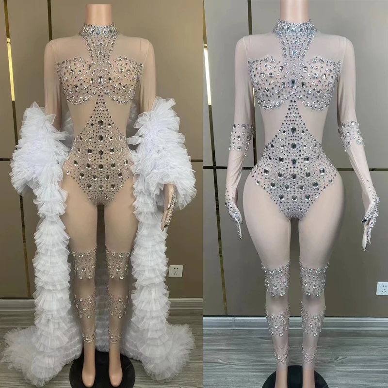 Vrouwen Party Strass Jumpsuit Handschoenen Kanten Jas Sexy Perspectief Gogo Dance Wear Nachtclub Ds Dj Drag Queen Kostuum XS7346