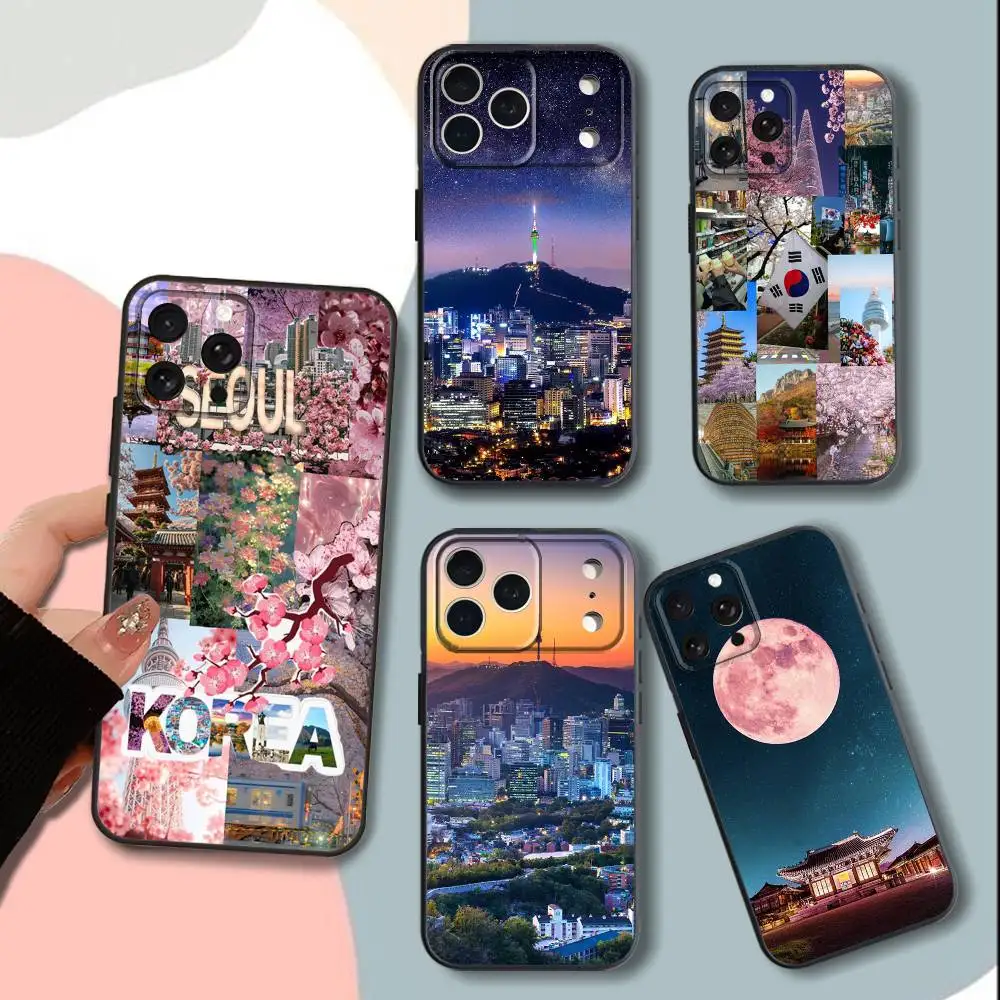 

SEOUL T-Travel South KoreaS Phone Case For iPhone 15,13,16,12,11,17,14,Plus,Pro,Max,XS,XR,X,SE,Mini,Soft Silicone Black Cover