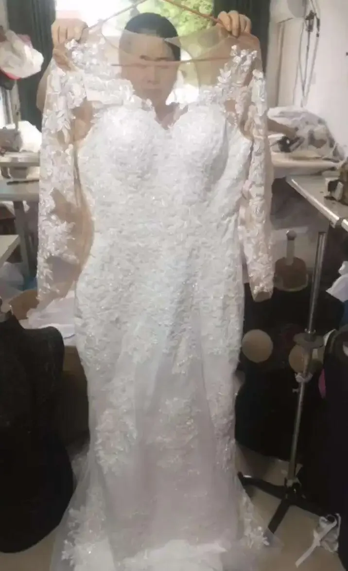 Customized African Wedding Dresses Lace Long Sleeve Round Mermaid Bridal Detachable Overskirt Neck Custom Made