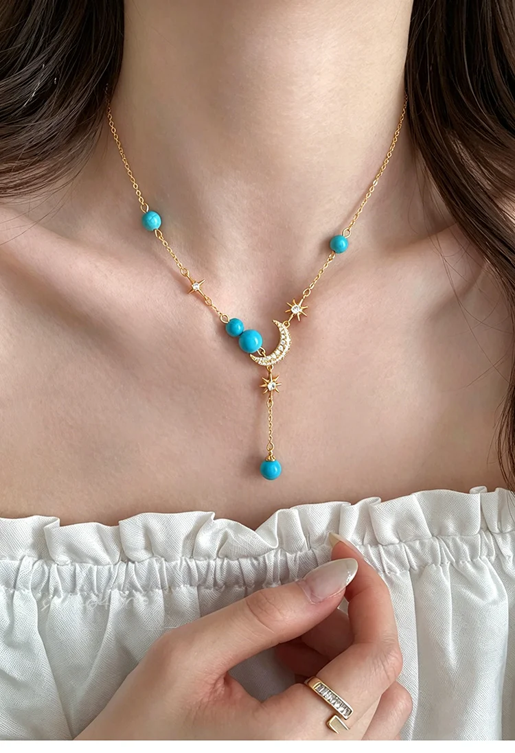 Goldfarbene Y-förmige Stern-Mond-Anhänger-Halskette für Damen mit Perlen, Zirkonia, Halbmond-Choker, elegante, zarte, verstellbare Kette, Schmuckgeschenk – Detail 3
