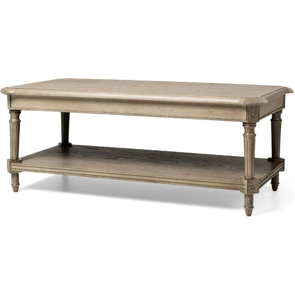 Large 2 Tier Traditional Rectangular Wooden Center Coffee Table with Shelf Storage in Rustic Antiqued Grey Finish coffee table