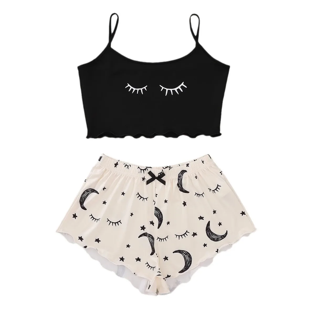 Women\'s 2pcs Cute Soft Comfy  Set Moon Star Eyelash Print Sexy Sleepwear Sleeveless Shorts Homewear Pajama Set