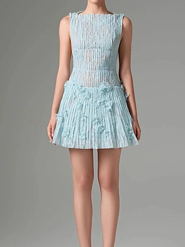 고품질 3D 나비넥타이 레이스 드레스 봄 여성 민소매 지퍼 슬림 숏 드레스 여름 하이웨이스트 솔리드 레이스 미니 드레스