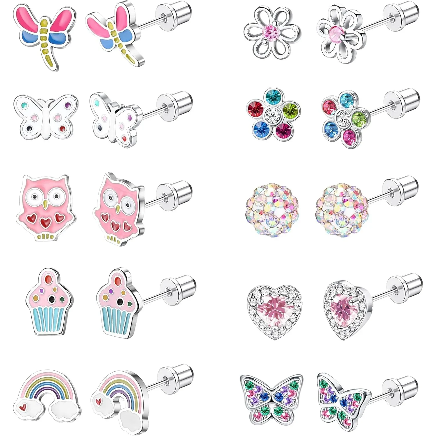 Bobisty 10 Pairs Stainless Steel Screw Back Earrings for Women CZ Heart Butterfly Ball Earrings Cat Rainbow Stud Earrings Set