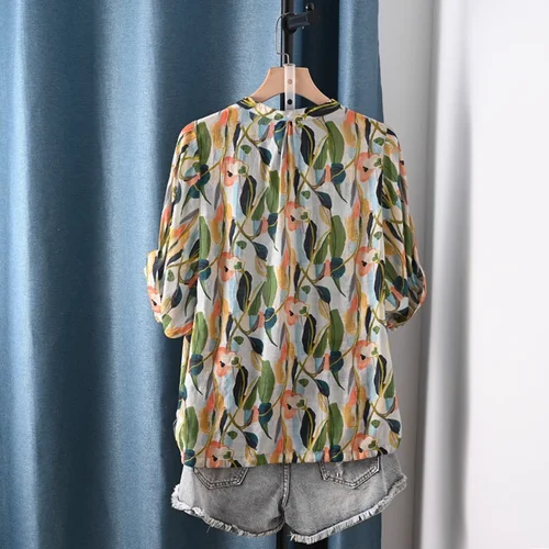 Imagen 2 del producto 2025 Ropa de diseñador para mujer, camisas y blusas étnicas con cuello en V y estampado de hojas para mujer, tops bohemios de manga 3/4 de verano