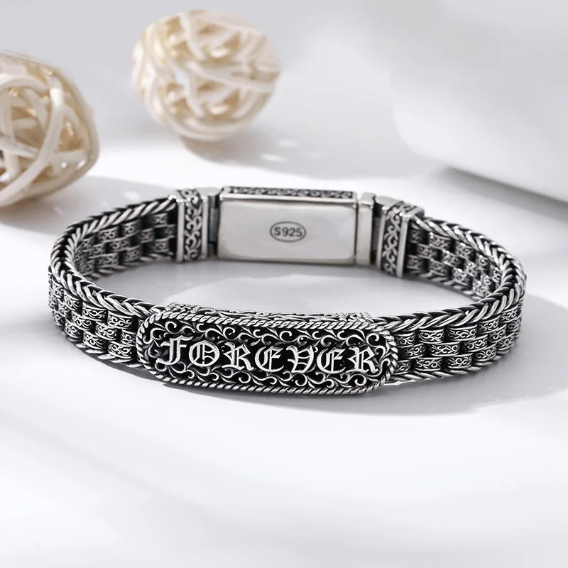 tangcao pattern bracelet thick type men and women European and American letter fashion Thai silver retro distressed ornament