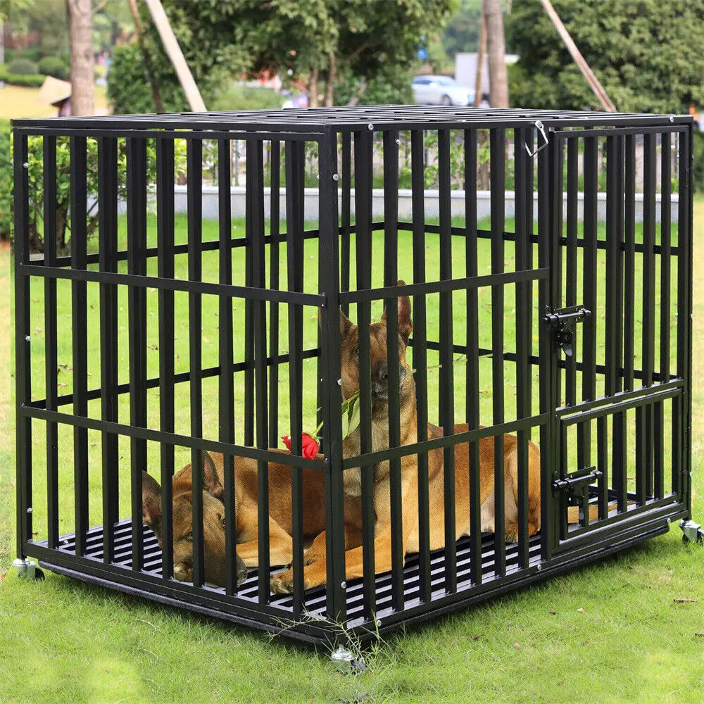 

L XL XXL Heavy Duty Dog Crate with 4 Lockable Wheels 3 Doors and Removable Tray Metal Pet Kennels Cage Playpen