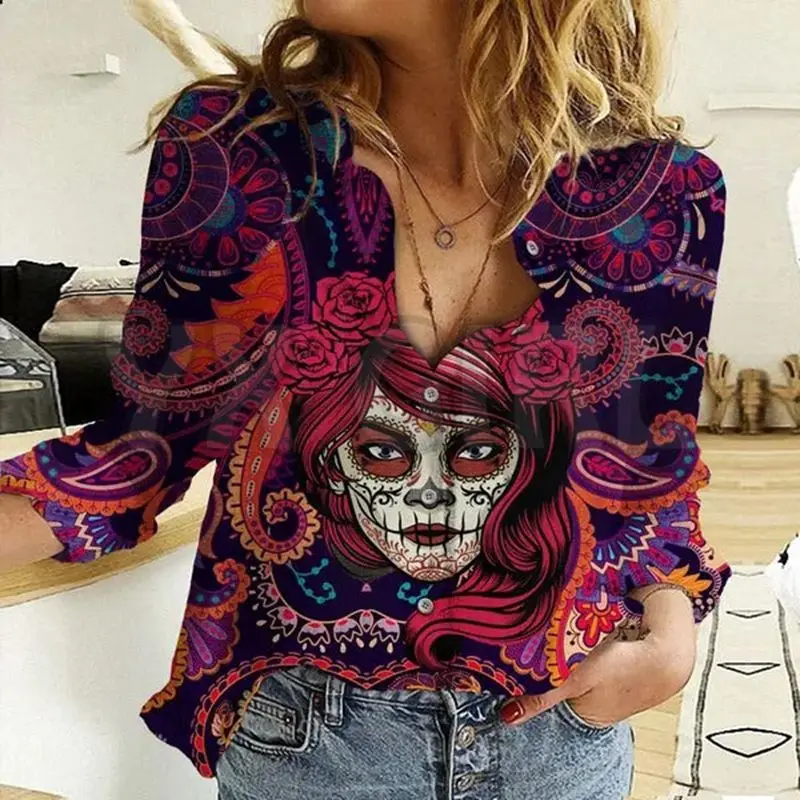 Day Of The Dead Pattern Linen Casual Shirt  3D Printed Button-down Shirt Casual Unique Streewear