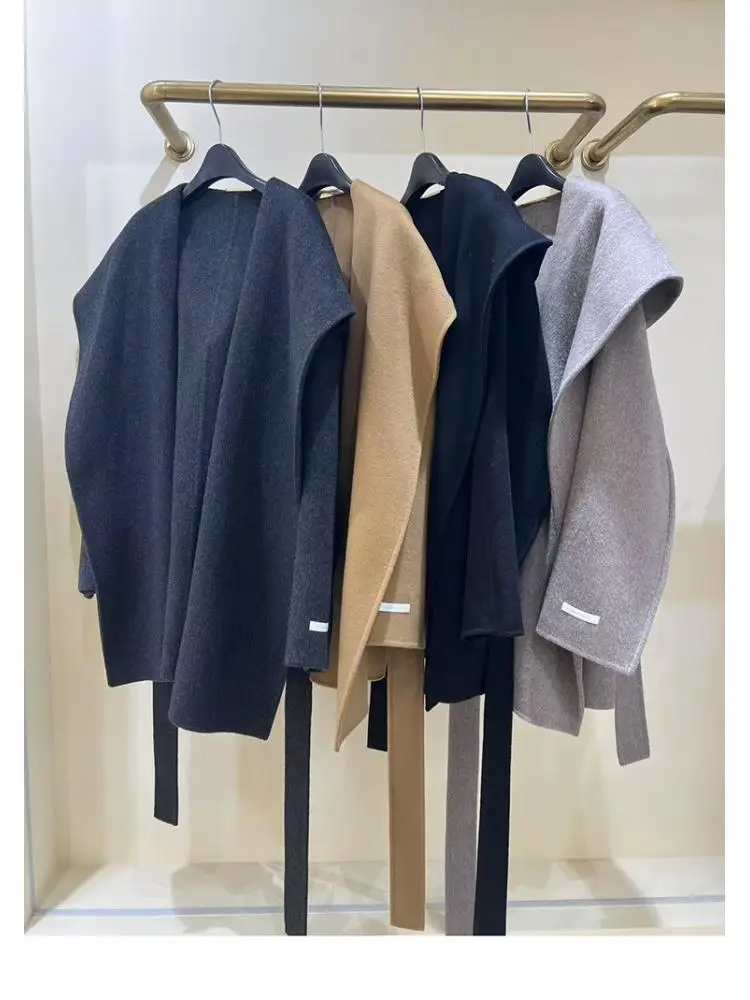 オフィスレディカシミヤ混紡ウールフード付きジャケット2025秋冬ルーズバスローブレースアップタイレディースロングウールコート