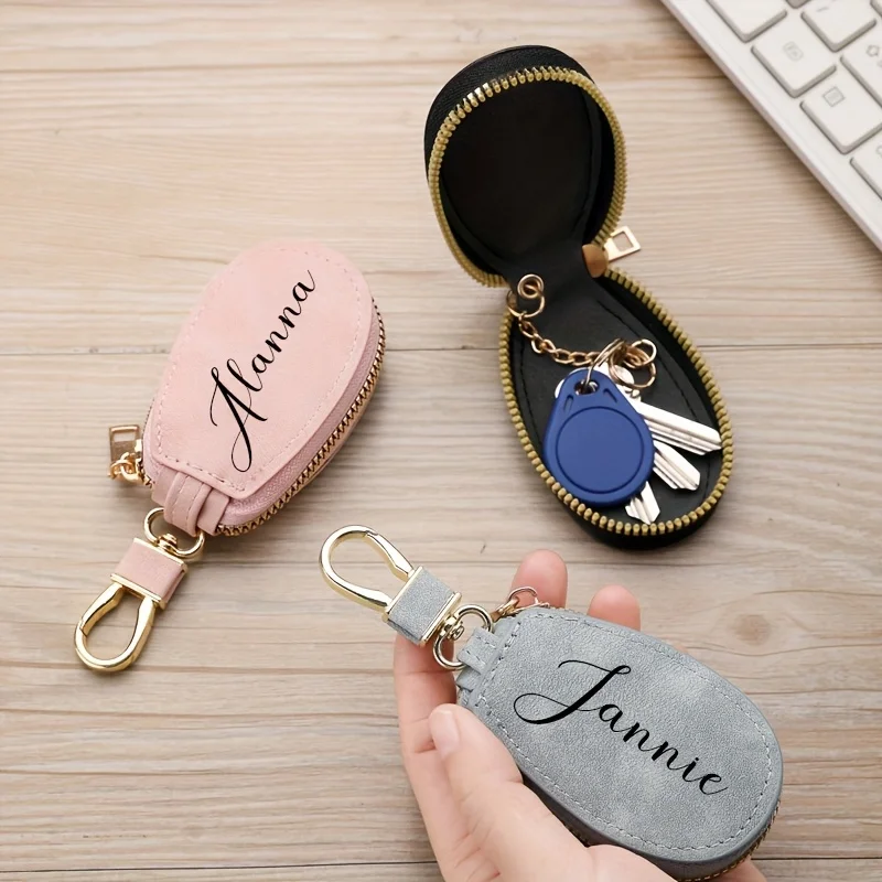 Personalized Name Text Keychain with Zipper PU Car Key Storage Organizer for Men Women Birthday Christmas Valentine's Day Gifts