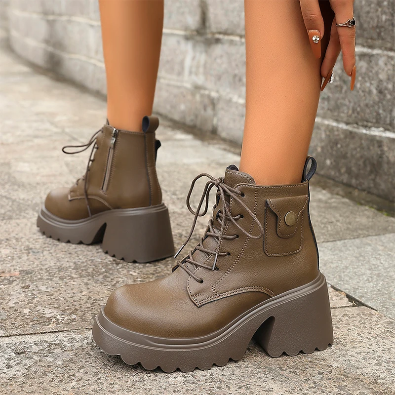 

High Heels Women Ankle Boots Platform Leather Shoes Woman 2025 Winter Trend Chunky Boots Zip Shoes Casual Sport Mujer Snow Botas