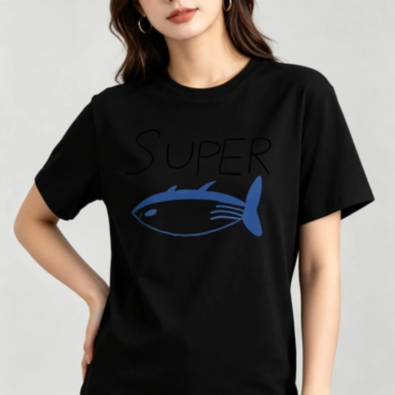 Women Super Tuna Fish Print T-Shirt Hand Drawn Letter Graphic Casual Short Sleeve Round Neck Minimalist Tee Top White Black
