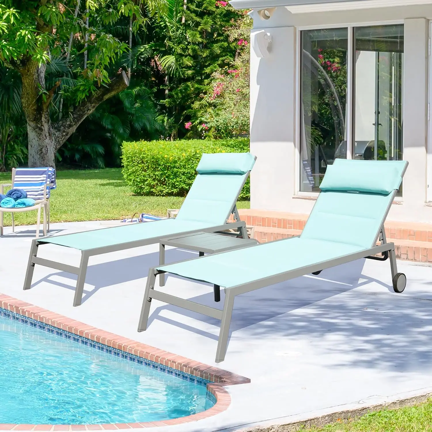 Outdoor Patio Chaise Lounge Set 3-Piece with Side Table, Turquoise, Customized