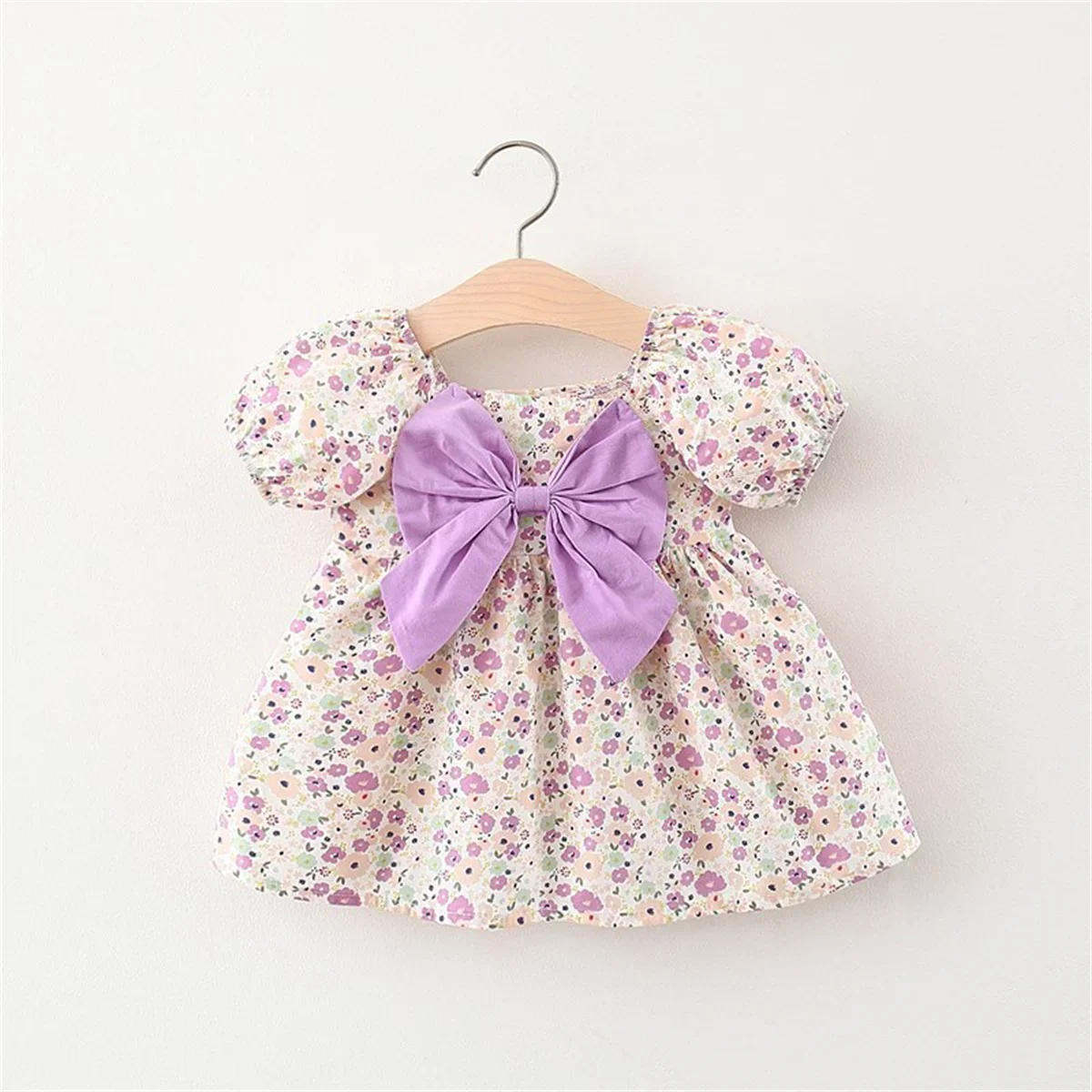 Summer New Girls\' Dress Bubble Sleeve Bow Ribbon Floral A-line Dress Birthday Party Team Dress Casual (0-3 Years Old Girls)