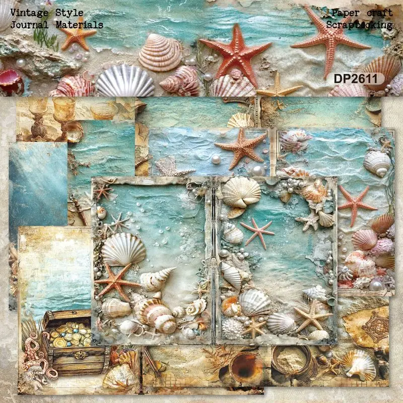 Vintage Ocean Seashell Starfish Print 6X6 Paper Pad Scrapbooking Cardstock Journal Background DIY Craft Embellishment