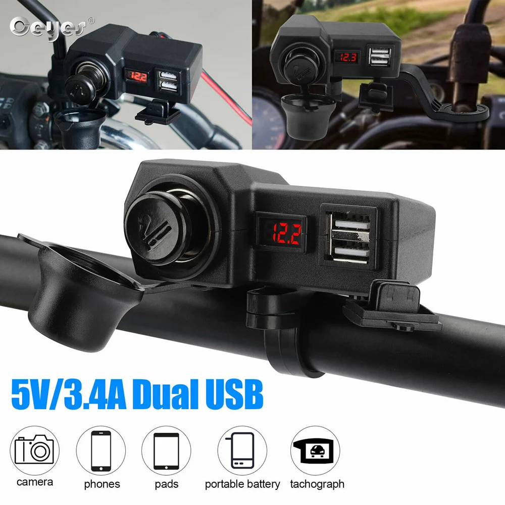 Motorcycle 12V Dual USB Waterproof Cigarette Lighter Charger Handlebar Socket Kit with Voltmeter Time Display Supply for Phone