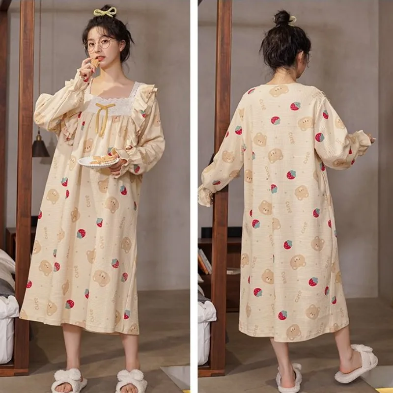 2024 New Pure Cotton Long Sleeved Pajamas Women Spring Autumn Nightgowns Oversized Loose Home Clothing Girls Casual Sleepshirts