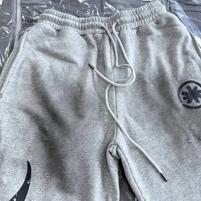 Stain Lost Shdws Hole Damaged Pants Flame Print Sweatpants Men Women Black Gray Terry Washed Drawstring Trackpant Loose Trousers