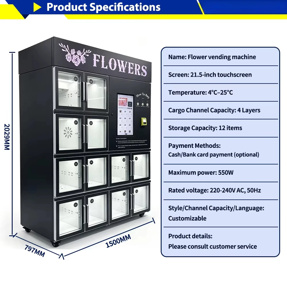 Refrigerated Fresh Rose Vending Machine Touchscreen Card Payment Smart Floral Kiosk for Hotel Resort Mall