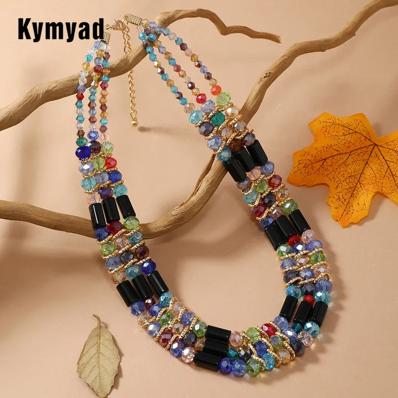 Kymyad Necklaces for Women Multilayer Glass Beads Crystal Handmade Choker Necklace Multilayer Collar Jewelry Women\'s Neck Chain