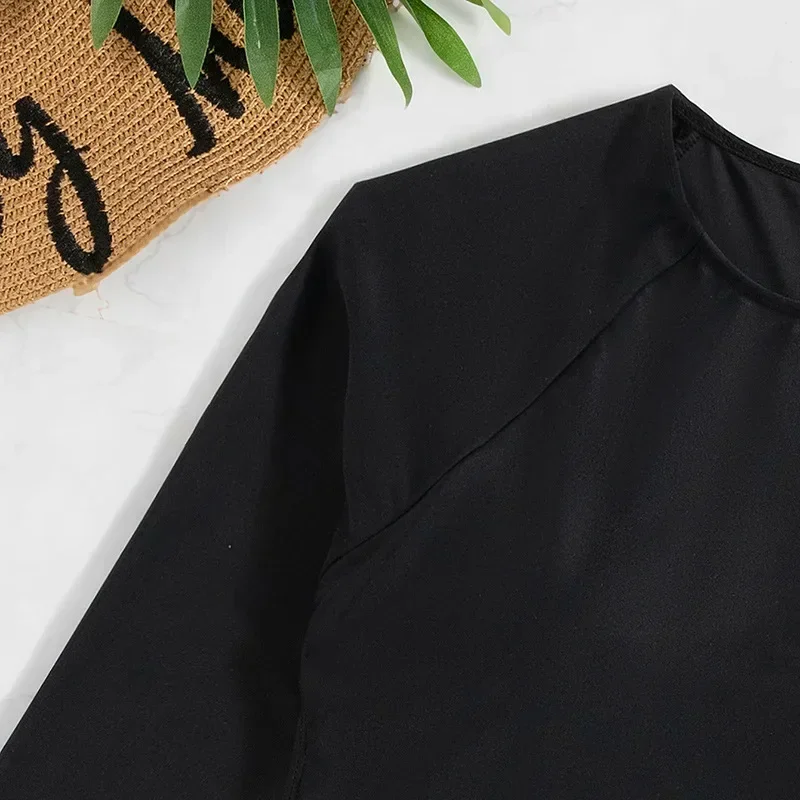 ملابس سباحة فاخرة مرصعة بأحجار الراين 2025 للسيدات بأكمام طويلة مفتوحة من الخلف قطعة واحدة بيكيني سادة أسود ثونغ الماس ثوب السباحة ارتداءها #5