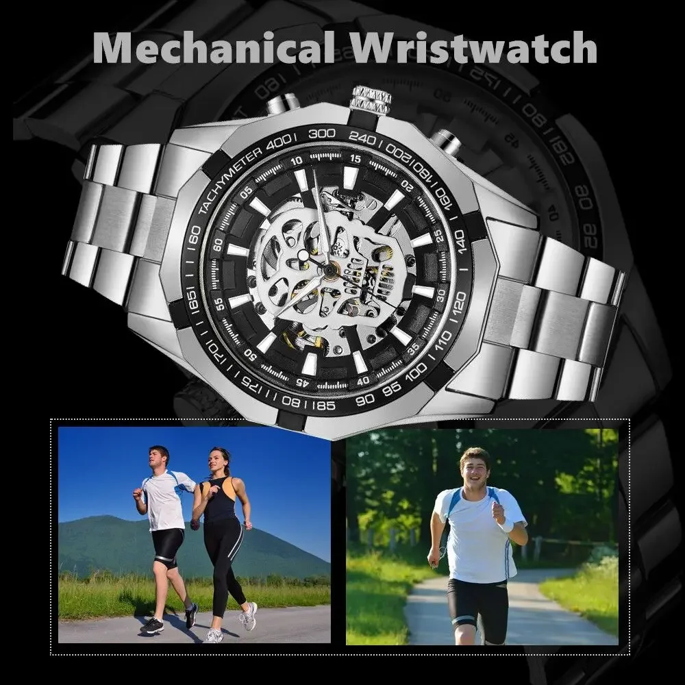 NEW WINNER Steampunk Skull Auto Mechanical Watch Men Silver Stainless Steel Strap Skeleton Dial Fashion Cool Design WristWatches