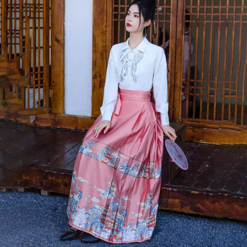 Vestido Hanfu chino para mujer, traje de cara de caballo, vestido de baile dulce suelto, vestido de reunión anual de dos piezas, nuevo, primavera 2024