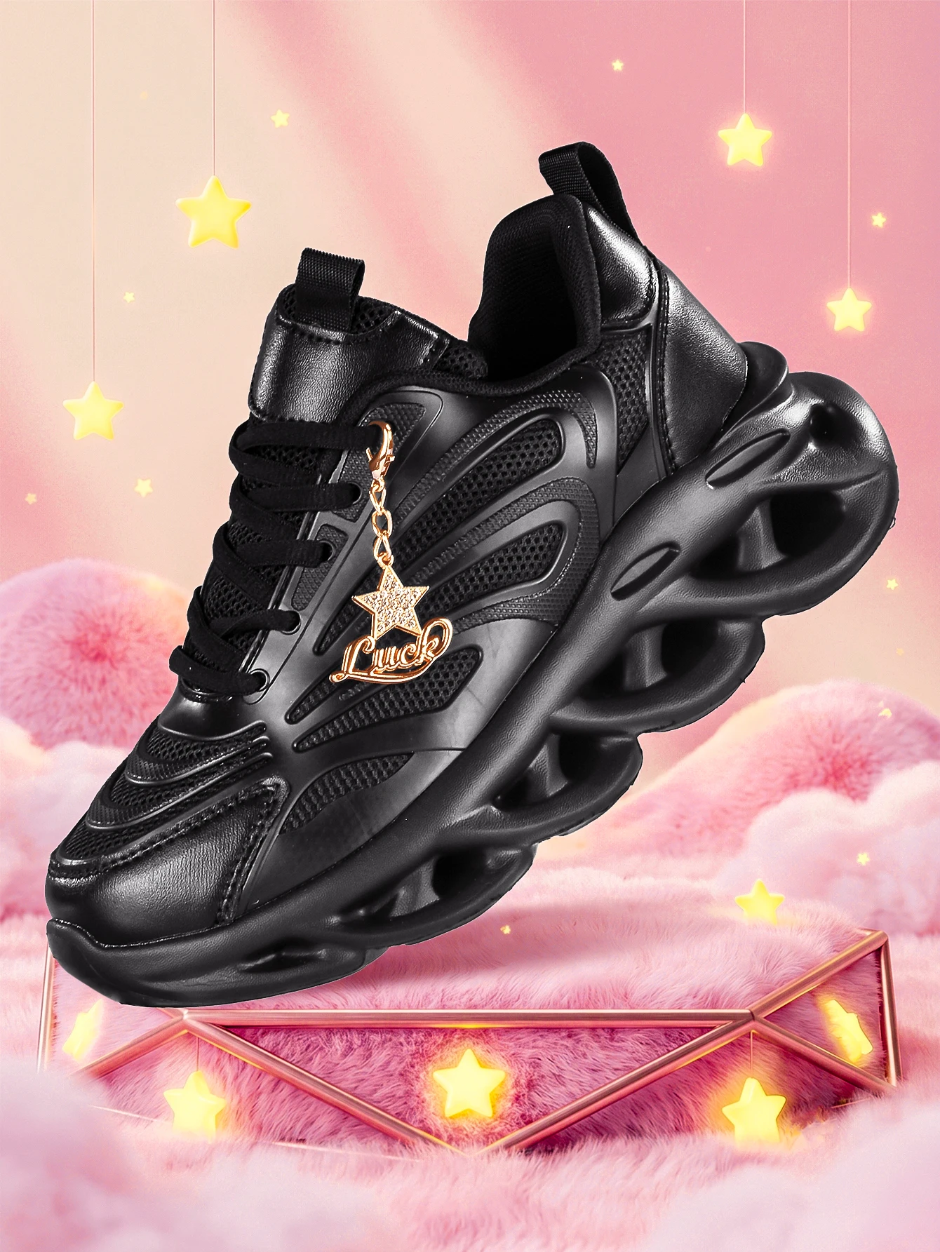 Women's Outdoor Eva Lightweight Thick-Soled Shoes with a 5cm Height Increase, Black Vulcanized Shoes, Paired with a Detachable Rhinestone Five-Pointed Star Gold Luck Charm, Suitable for Running, Fitness, and All-Season Sports