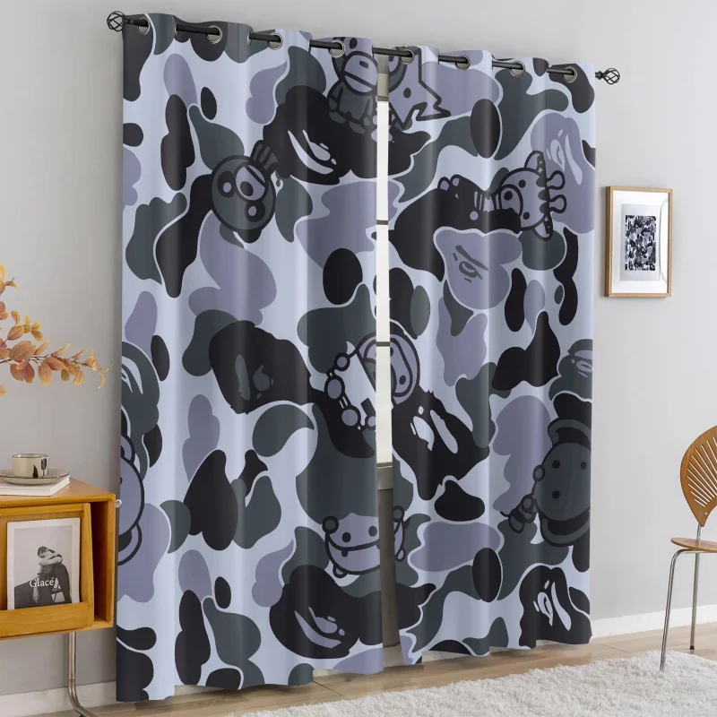 

2Pcs Cartoon Camouflage Print Perforated Blackout Curtains, Multi Size Living Room Teen Room Bedroom Insulation Decoration
