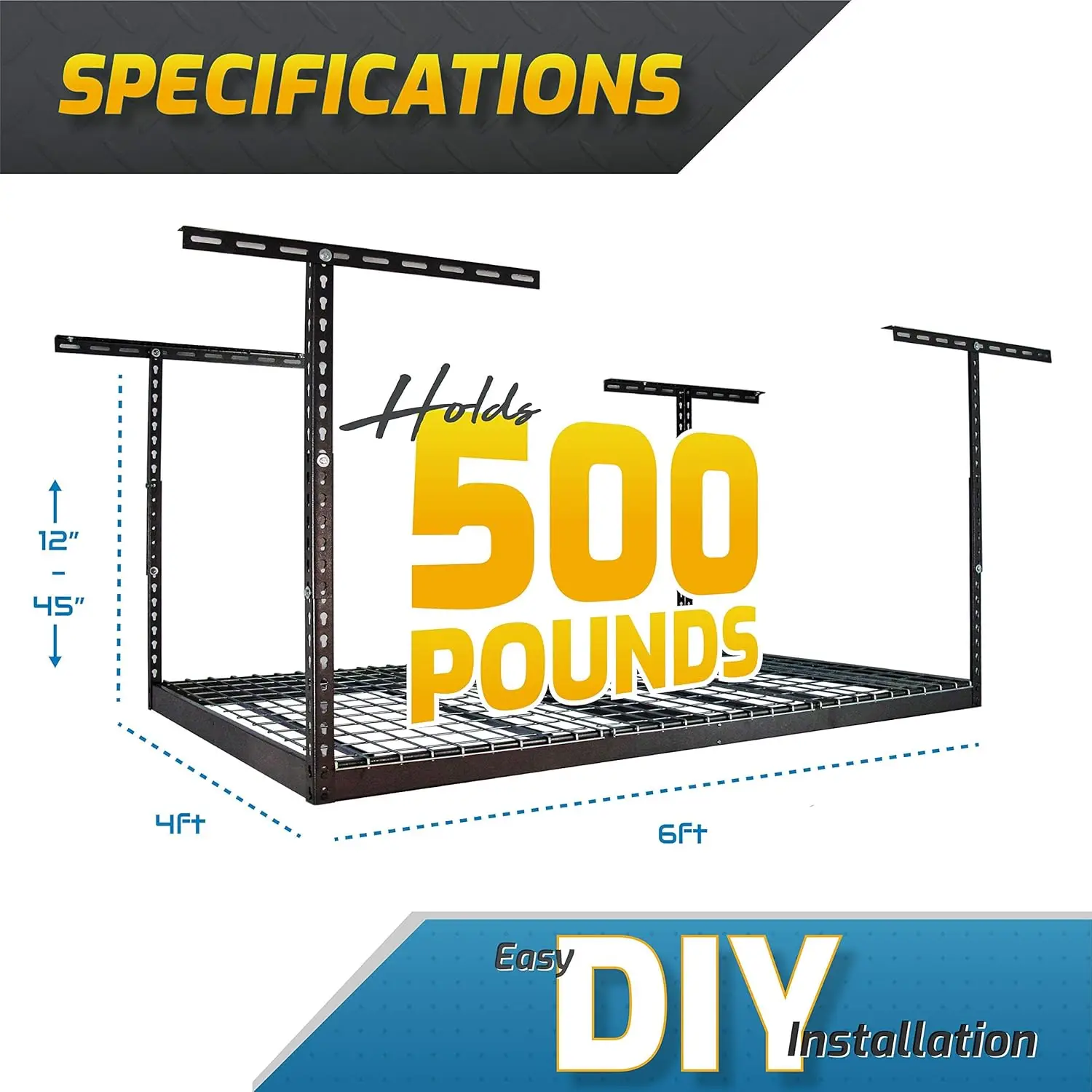 SafeRacks 3x8 Overhead Garage Storage Rack - 500 Pound Weight Capacity Height Adjustable Steel Ceiling-Mounted Rack with