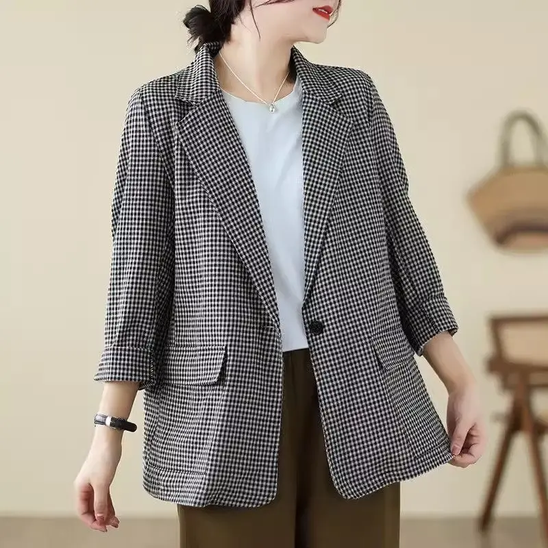 Retro Plaid Cotton And Linen Suit Jacket Large Size Women's Clothing 2024 FashionCasual Lapel One Button Autumn Blazer Top K2298