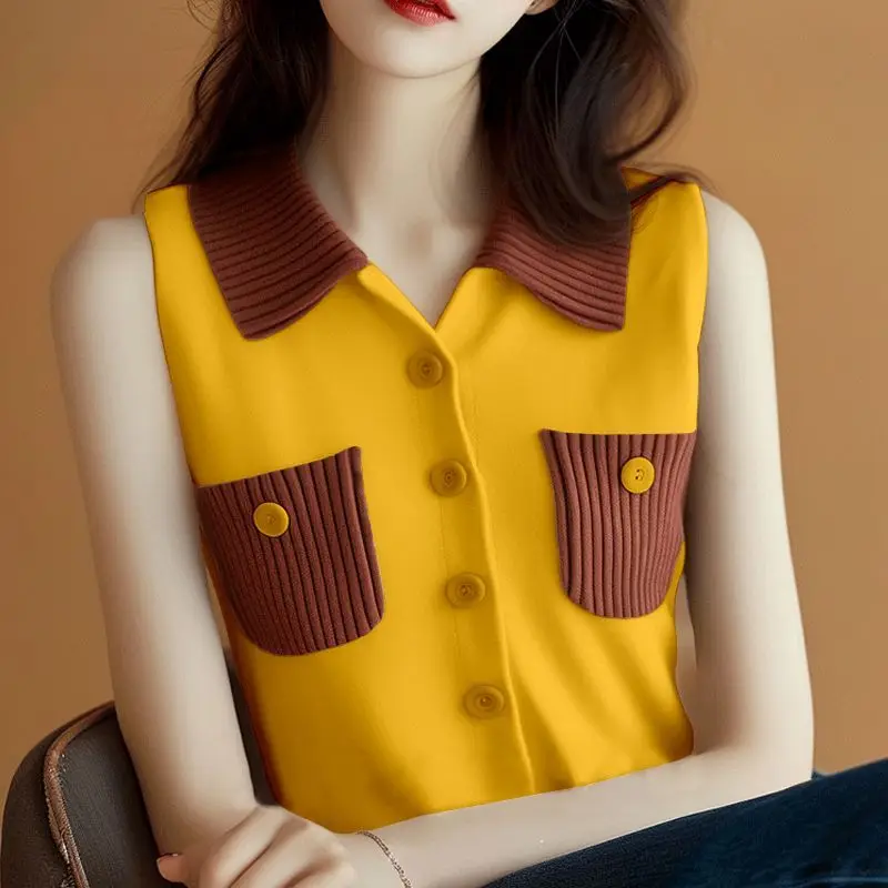 2025 Estate Nuovo stile coreano Gilet senza maniche Chic Ins Pendolari Splicing Canotta da donna lavorata a maglia allentata in colore a contrasto