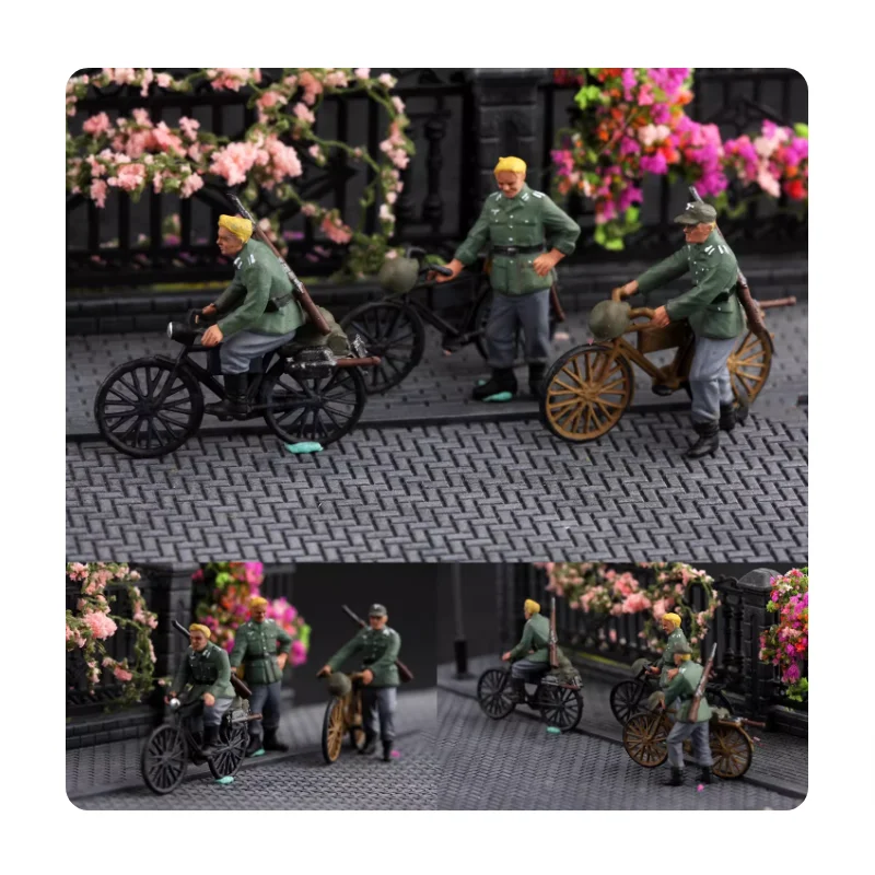 วัสดุเรซินขนาด 1:72 จักรยานเยอรมัน 3 คัน + ทหาร 3 นาย เหมาะสำหรับฉากรถถัง เฮลิคอปเตอร์ ของสะสม ของตกแต่ง