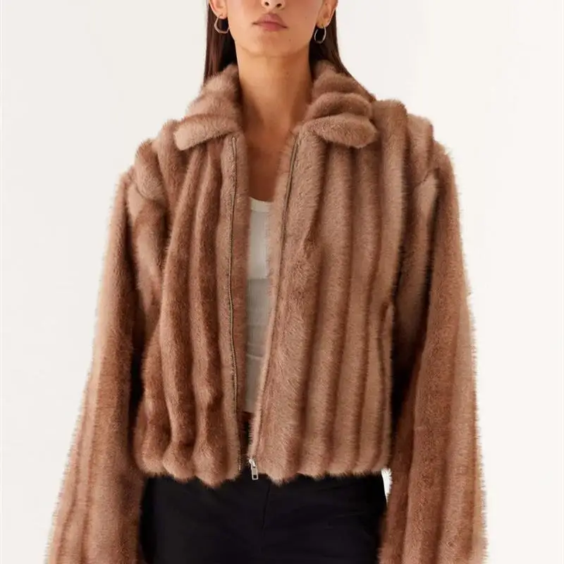 

Eco-Friendly Faux Fur Coat Women's Trendy Winter Outerwear Warm Top Urban Sle Long Sve Flip Collar No Brand